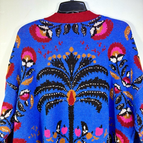 Farm Rio Palms Paradise Teal Cardigan Sweater Blue Red Medium NEW - Picture 9 of 17